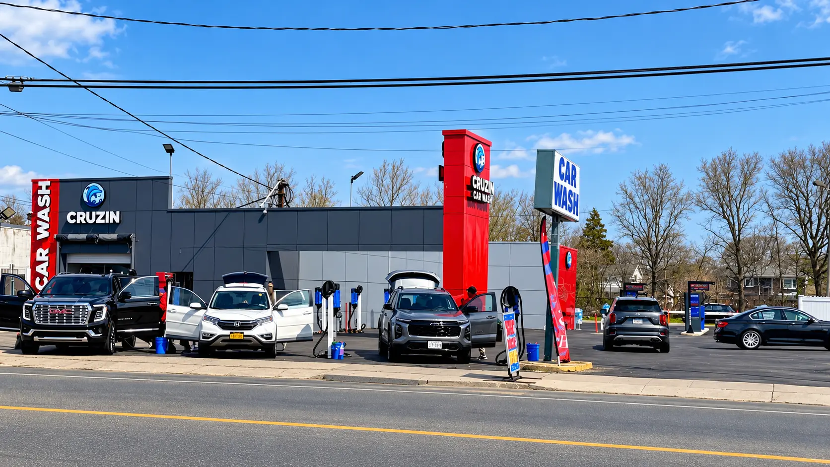 Cruzin Car Wash storefront and tall red roadside sign on Fulton Street